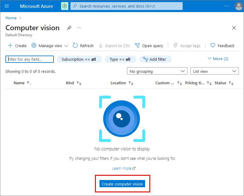 Screenshot of Computer Vision &lsquo;Create&rsquo; link.