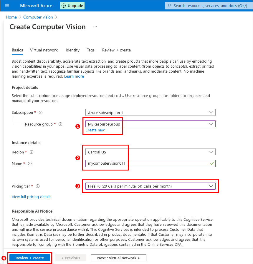 Screenshot of &lsquo;Create Computer Vision&rsquo; page.