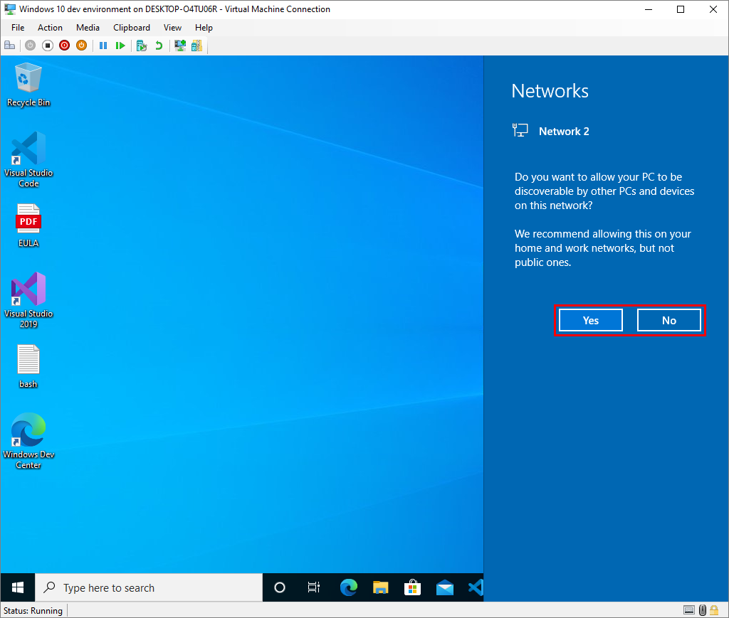 Screenshot of &lsquo;Windows 10 dev environment virtual machine connection&rsquo; screen.