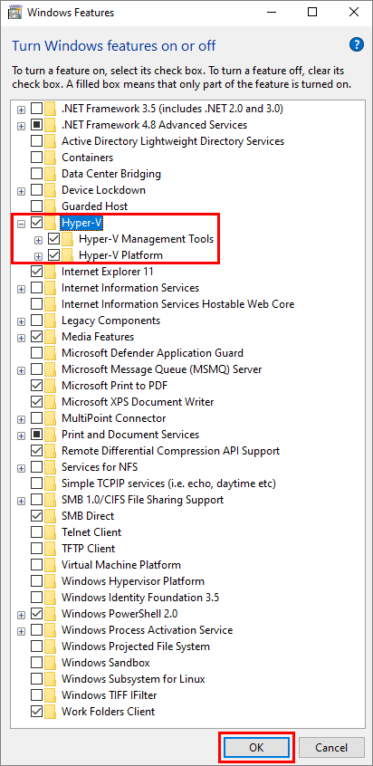 Screenshot of Turn Windows features on or off menu.