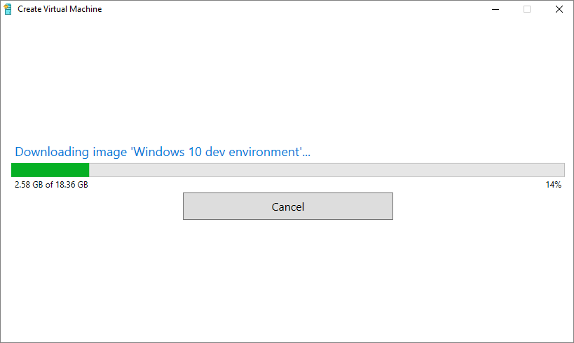 Screenshot of &lsquo;Downloading image Windows 10 dev environment&rsquo; screen.